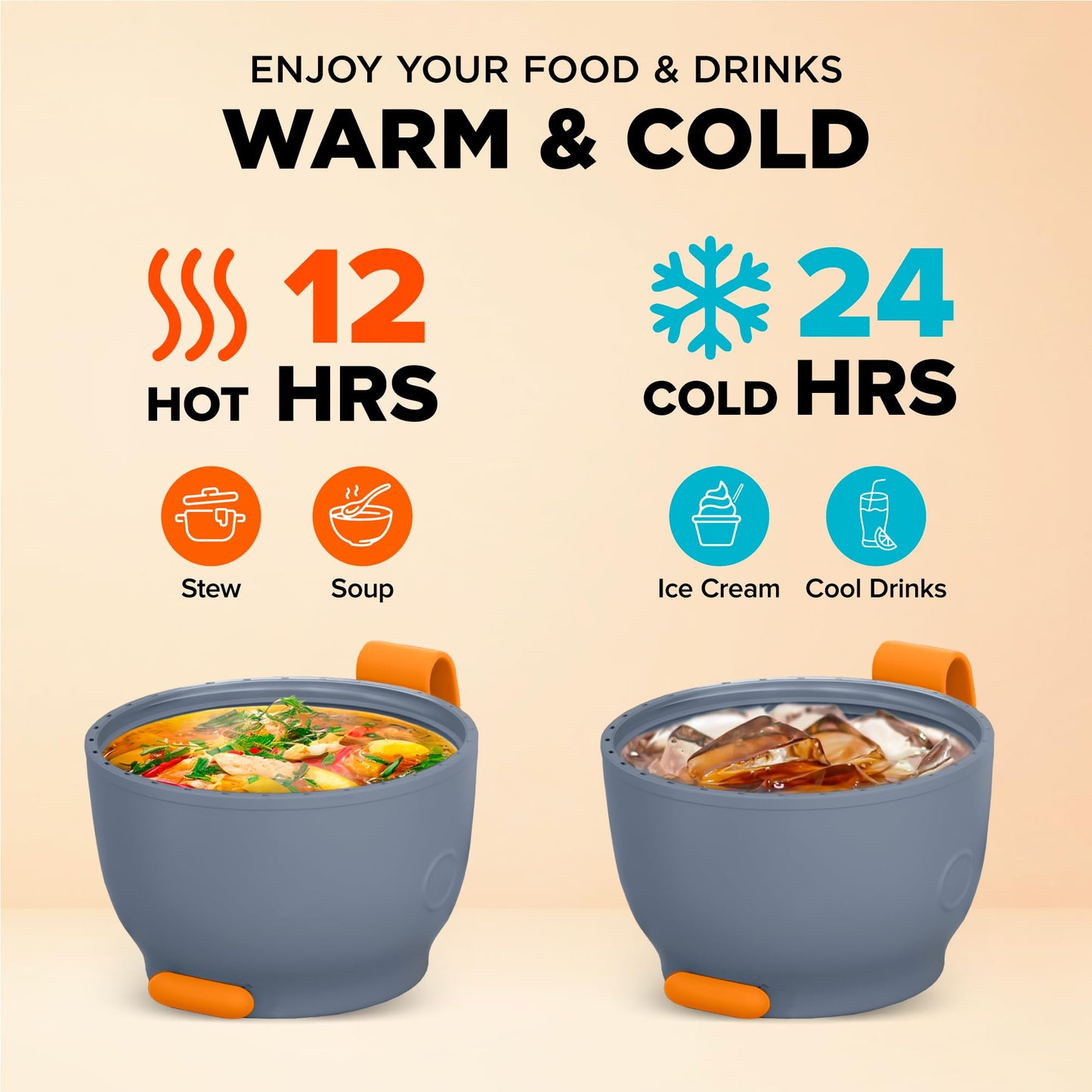 ENERGIFY Vacuum Insulated Food Jar. Large 24oz Bowl incl. Folding Spoon, Cup. Wide Mouth Keep Hot & Cold Drinks Soup Lunch Container for Adults. BPA-Free Stainless Steel, Leak Proof Grey