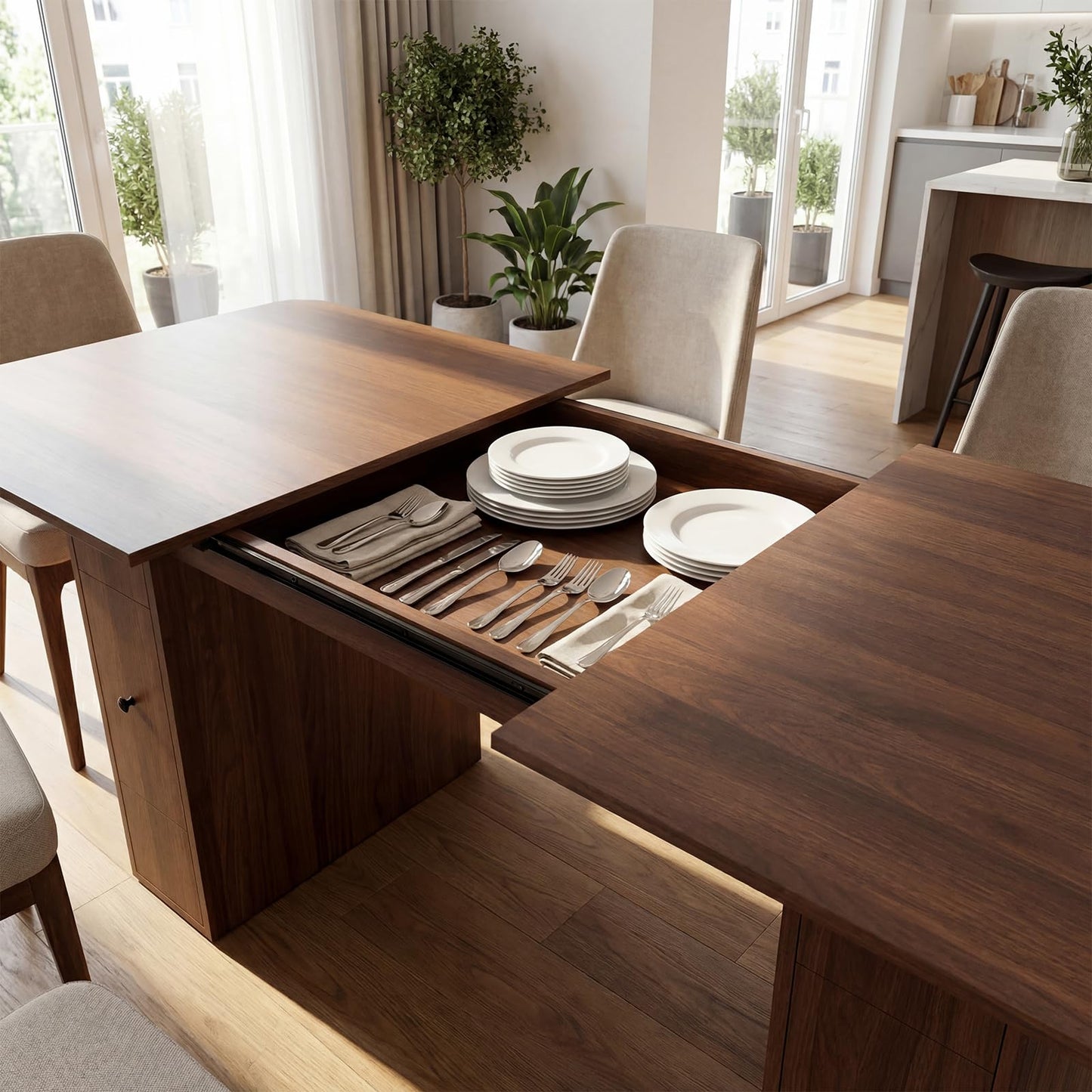Extendable Dining Table for 6-10 People, 63" to 79" Modern Farmhouse Rectangular Kitchen Table with 4 Drawers, Space-Saving Dining Room Table with Removable Leaf for Living Room Home Office (Walnut)