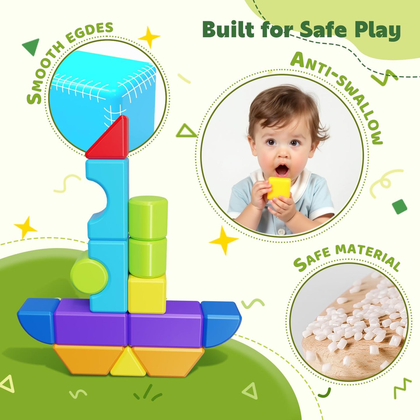 Pairez Toys Magnetic Blocks, Large Building Blocks for Toddlers 1-3, Multi-Shape 3D Stacking Blocks Set, Montessori Learning Sensory Magnet Toys for Boys Girls, Kids Gift (14pcs)