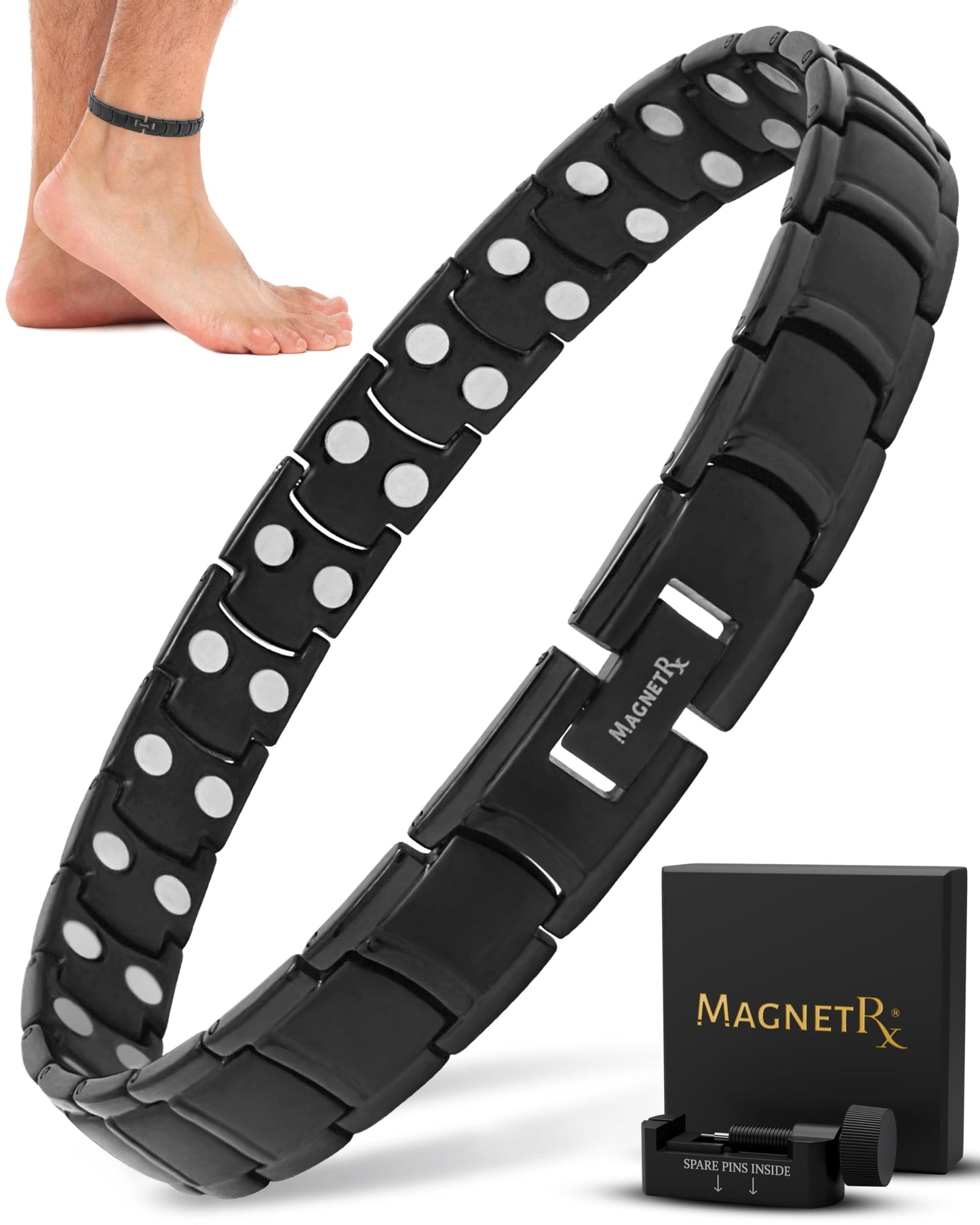 MagnetRX Ultra Strength Magnetic Anklet – Effective Magnetic Ankle Bracelets for Men – Titanium Mens Ankle Bracelet with 48 Magnets (Black)