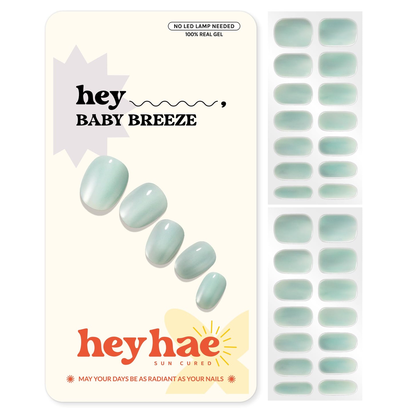 Heyhae Semi Cured Gel Nail Strips | No LED Lamp Needed | Blue, Valentines | Easy Apply & Remove, Salon Quality | Includes 28 Strips, 1 Prep Pads, Nail File & Wooden Stick - Hey, Baby Breeze