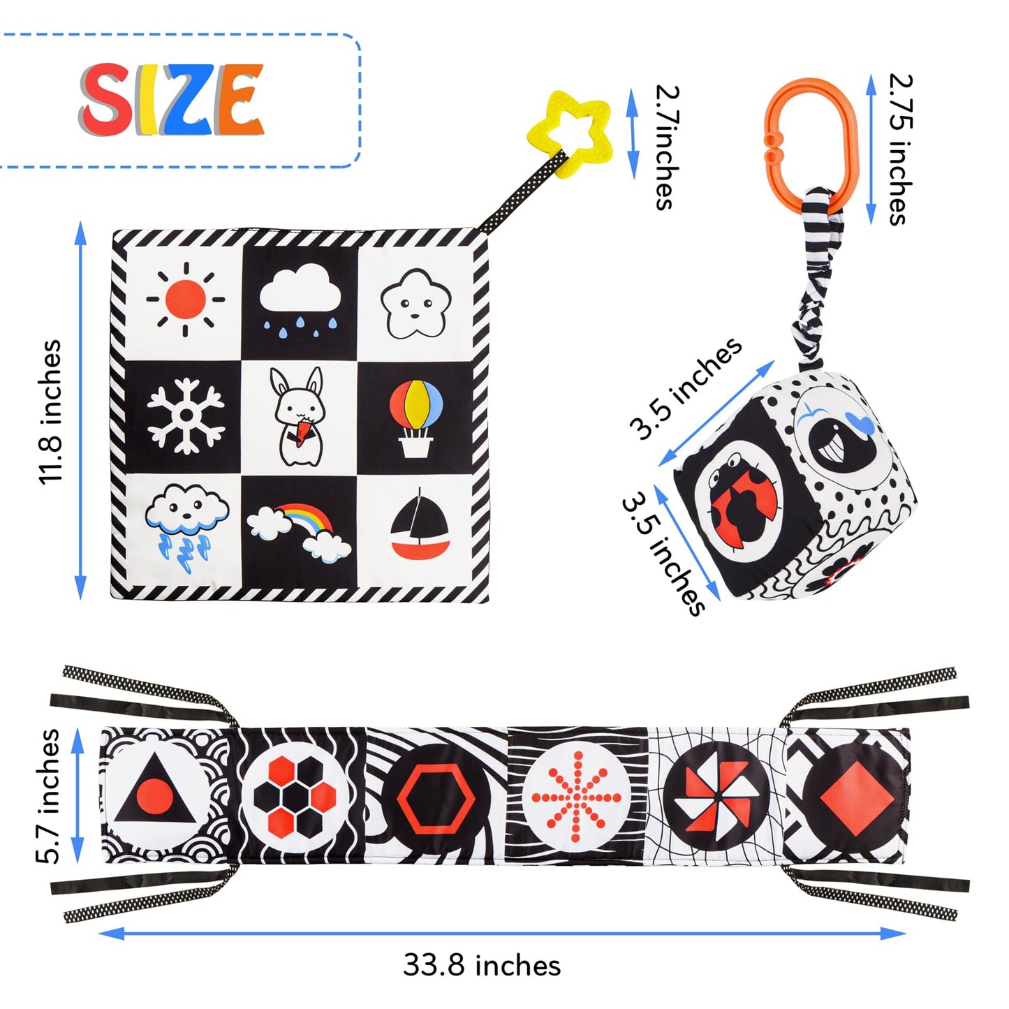 SAMMAS 3 Pcs Black and White High Contrast Baby Toys 0-6 Months for Newborn, Babies Sensory Soft Book for Early Education, Infant Tummy Time Cloth Book, Montessori Toys for Babies