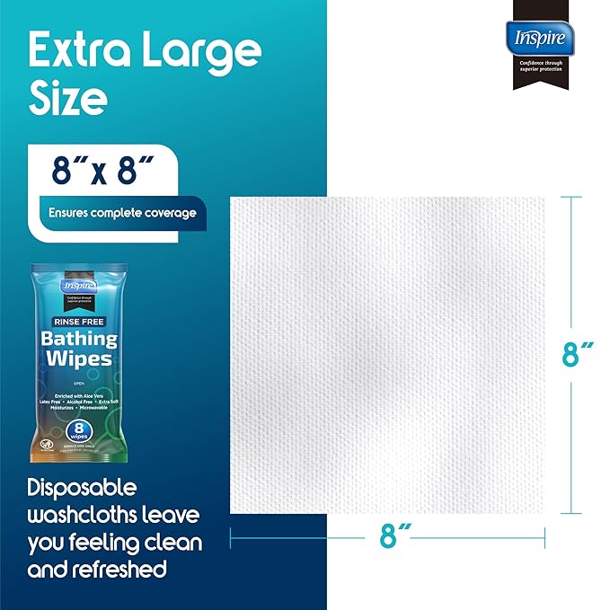 Inspire Thick Rinse Free Body Wipes, Extra Large Washcloths For Adults, Aloe Vera Enriched