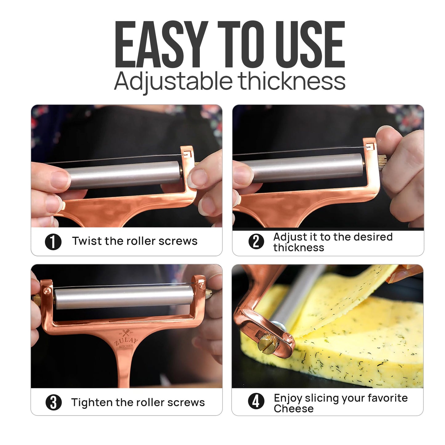Zulay Adjustable Cheese Slicer - Wire Slicer For Mozzarella, Cheddar, Gouda - Heavy Duty With 2 Extra Wires (Copper)