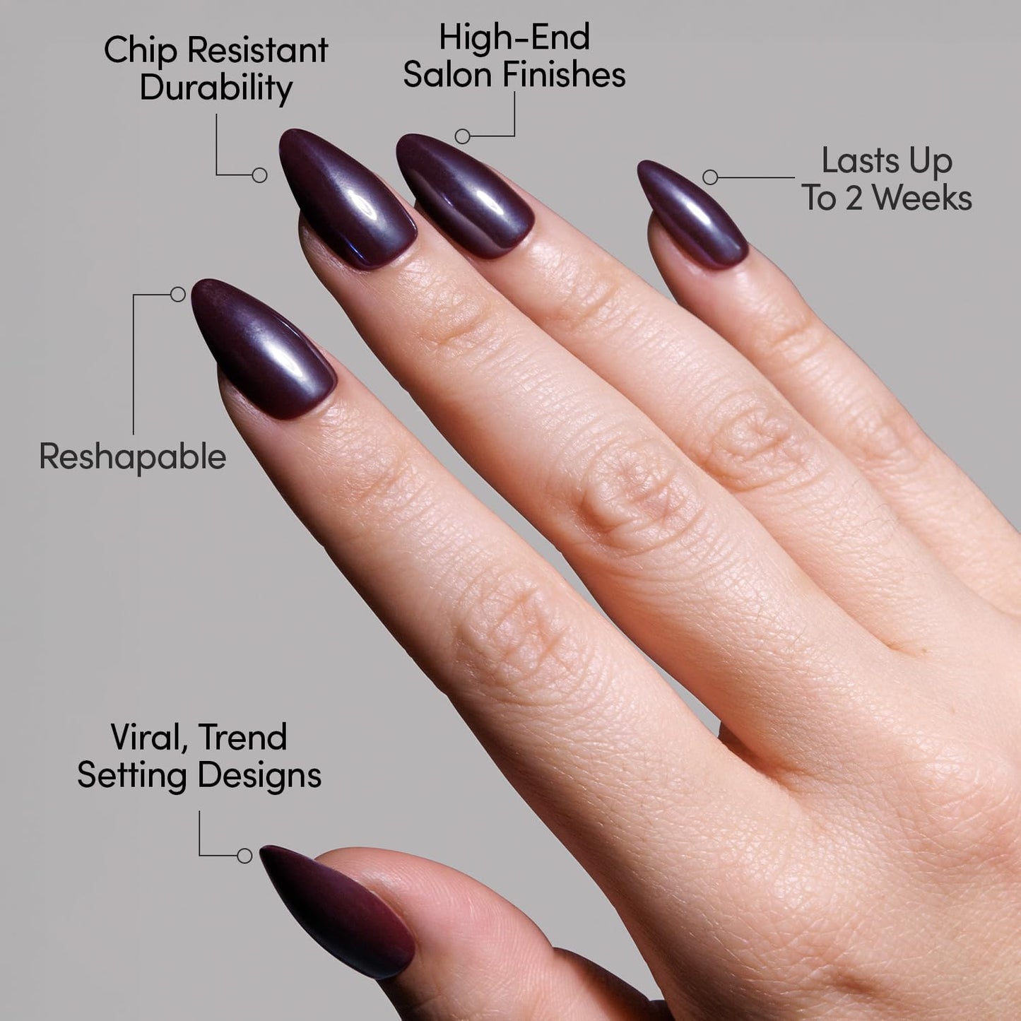 Glamnetic Press On Nails - Burgundy Chrome | Short Almond Fake Nails with a Metallic Chrome Finish, Salon Quality Halloween Nails | 15 Sizes - 30 Nail Kit with Glue