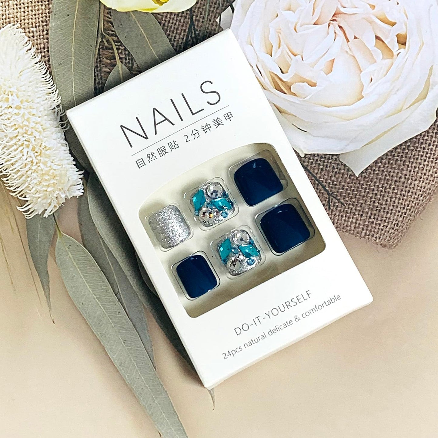 FIEONCIY 24pcs Press-on Square Acrylic False Nails Set with Glue, Blue Rhinestone Pattern, Full Cover, French Style, Spring & Summer, Multicolor, Women's Nails