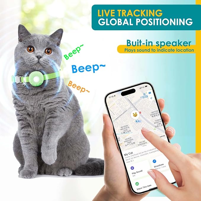 ZFSJTAG GPS Tracker for Cats, Cat Tracker Collar with Safety Elastic Buckle, Compatible with Apple Find My App (Only iOS), No Monthly Fee, Waterproof (White Tracker, Green Cat Collar)