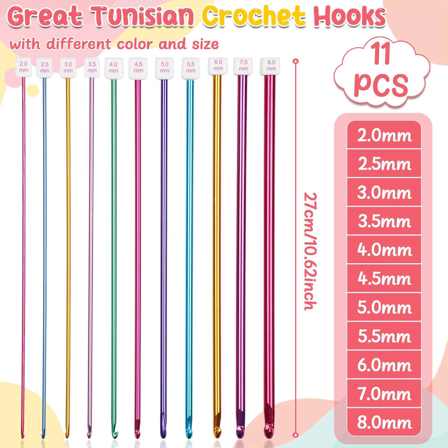 Aeelike Tunisian Crochet Hooks Set with Cable, 11PCS Tunisian Crochet Hook 2-8 mm Aluminum 12 PCS Colorful Afghan Crochet Hooks 3.5-12 mm, Smooth Long Tunisian Crochet Hook with Cable for Beginner
