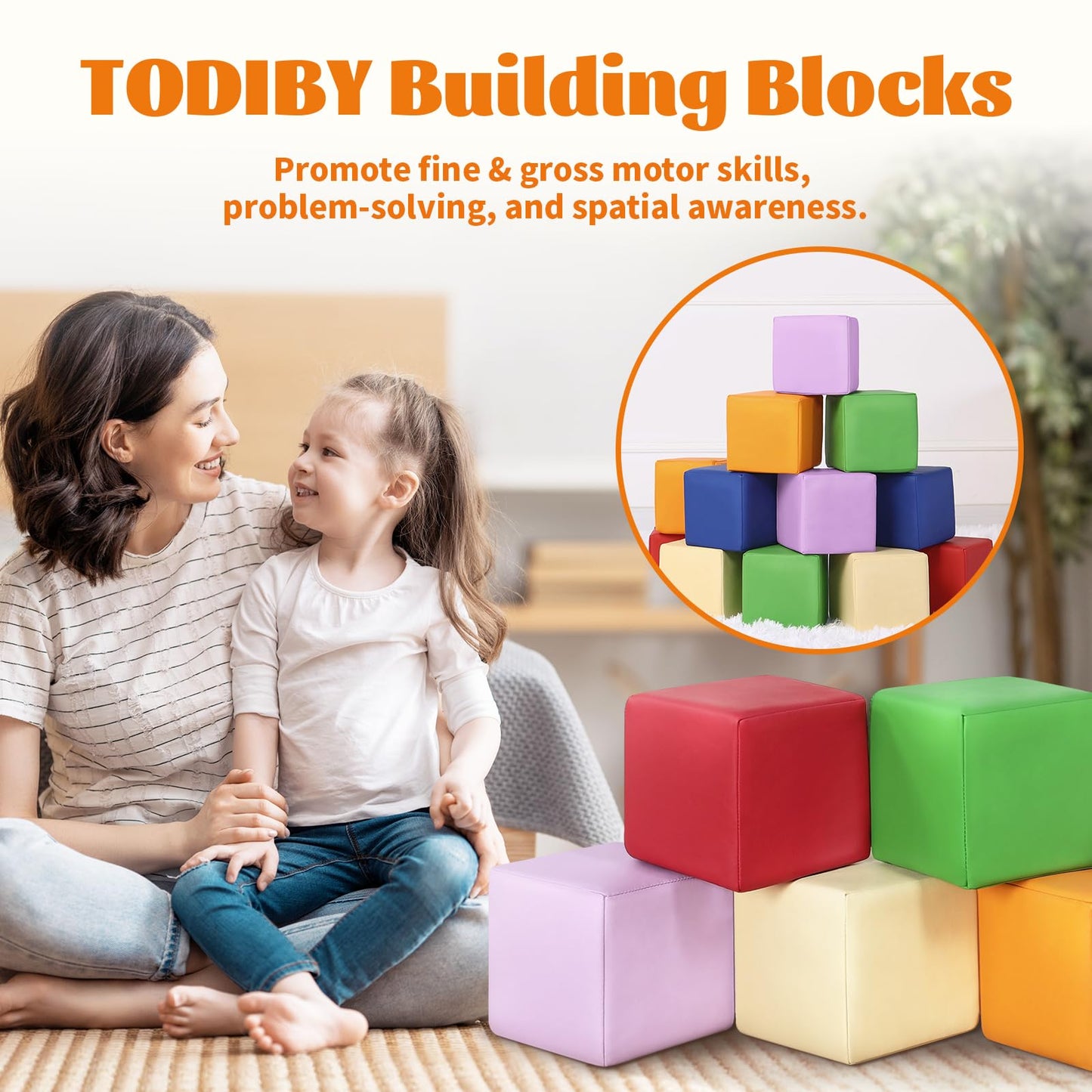 TODIBY Foam Building Blocks for Toddlers：12-Pieces Wipeable Leather Stacking Cubes Kids - Large Soft Toys Play Set for Learning Construction Baby Preschool Daycare Therapy Birthday Gift (Rainbow)