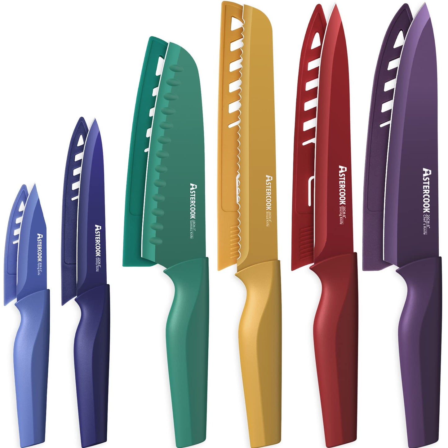 Astercook Knife Set, 12 Pcs Color-Coded Kitchen Knives Set, 6 Color Anti-Rust Coating Stainless Steel Chef Knife Sets with 6 Blade Guards Dishwasher Safe Mothers Day Gifts
