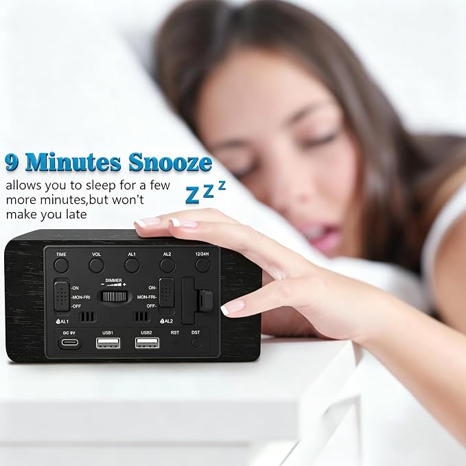 URAYCO Wood Digital Alarm Clock with 10W Fast Wireless Charger, USB Charging Ports, DST, Dimmable, Snooze, Large Number LED Display for Bedrooms, Desk, Living Room Table, Bedside, Nightstand (Black)