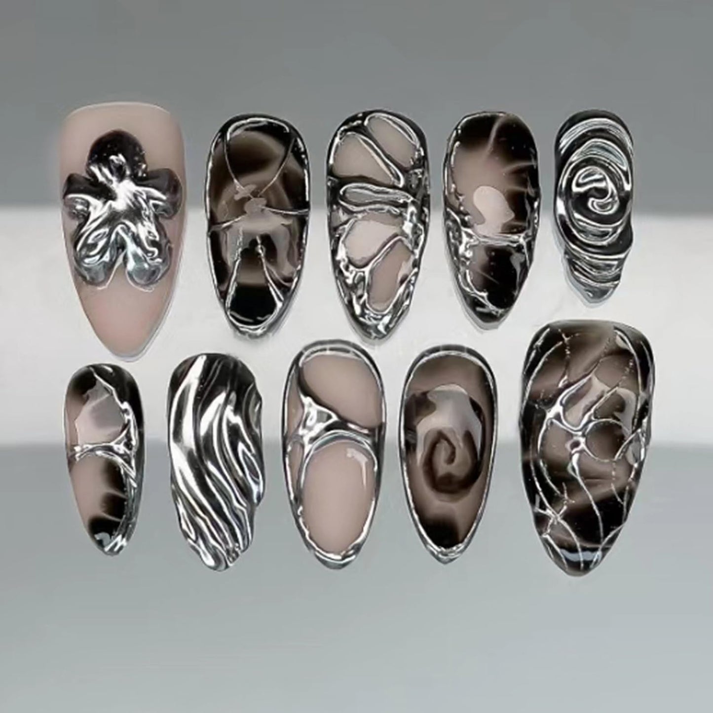 MISUD Press on Nails - Medium Almond Fake Nails with Goth Black Acrylic Silver Chrome Design 24 pcs