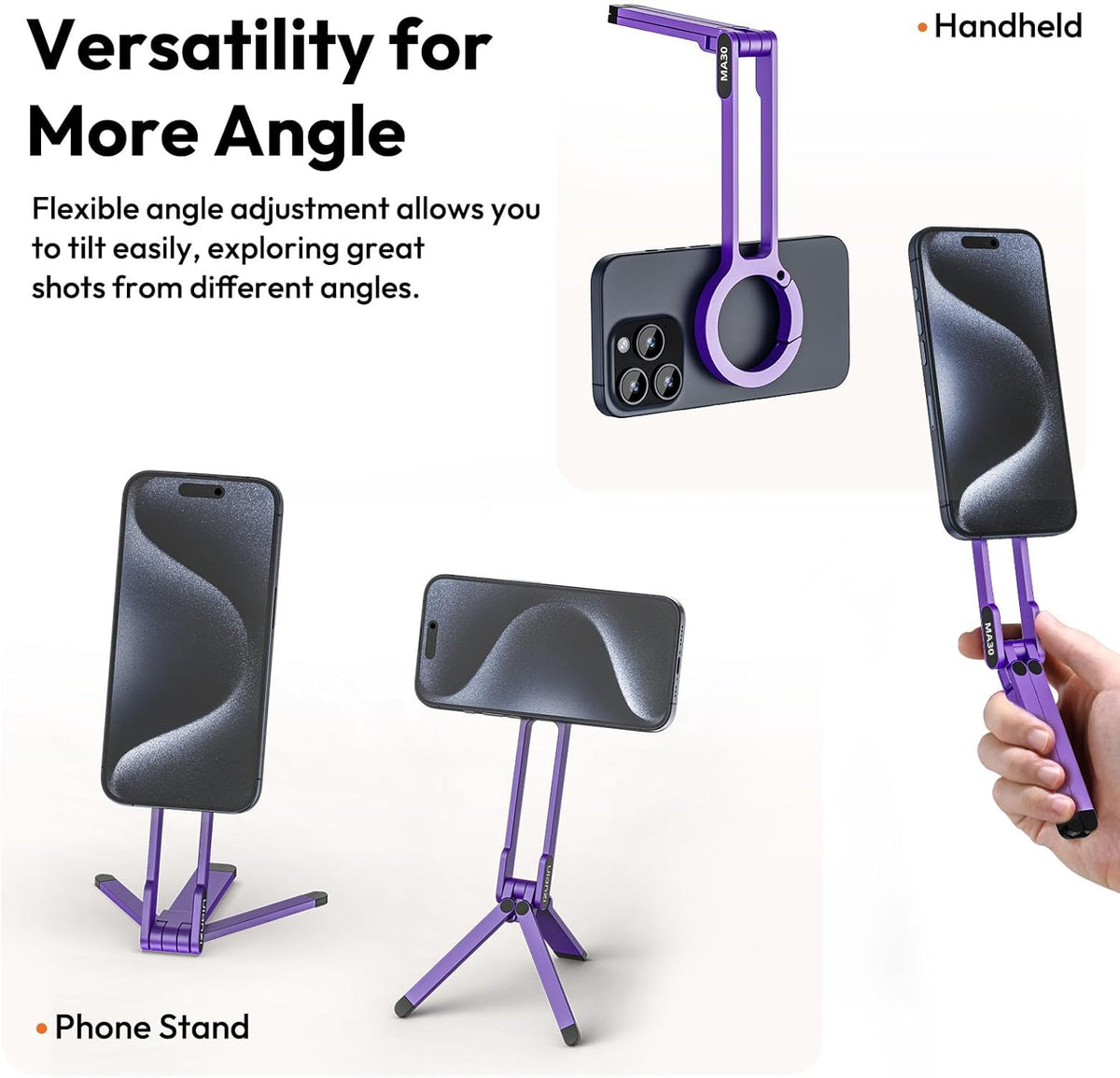 ULANZI MA30 Magnetic Phone Tripod Stand for iPhone - Aluminium Maglock Smartphone Mini Tripod Pocket Cell Phone Stand Strong Magnet Quick Mount Compatible with iPhone 16 15 14 13 12 Series, Purple