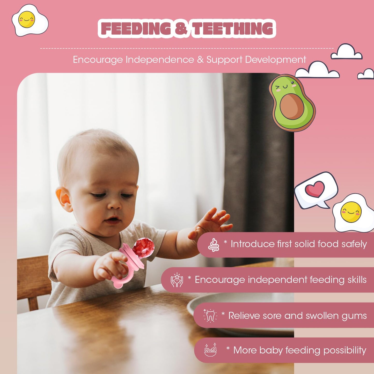 Baby Food Feeder Set, 2 Packs Fruit Feeder & Breastmilk Popsicle Molds Freezer Tray with Lid, Silicone Fruit Feeder to Teething Relief, Introduce New Foods, Baby Feeding Essentials(Red+Beige)