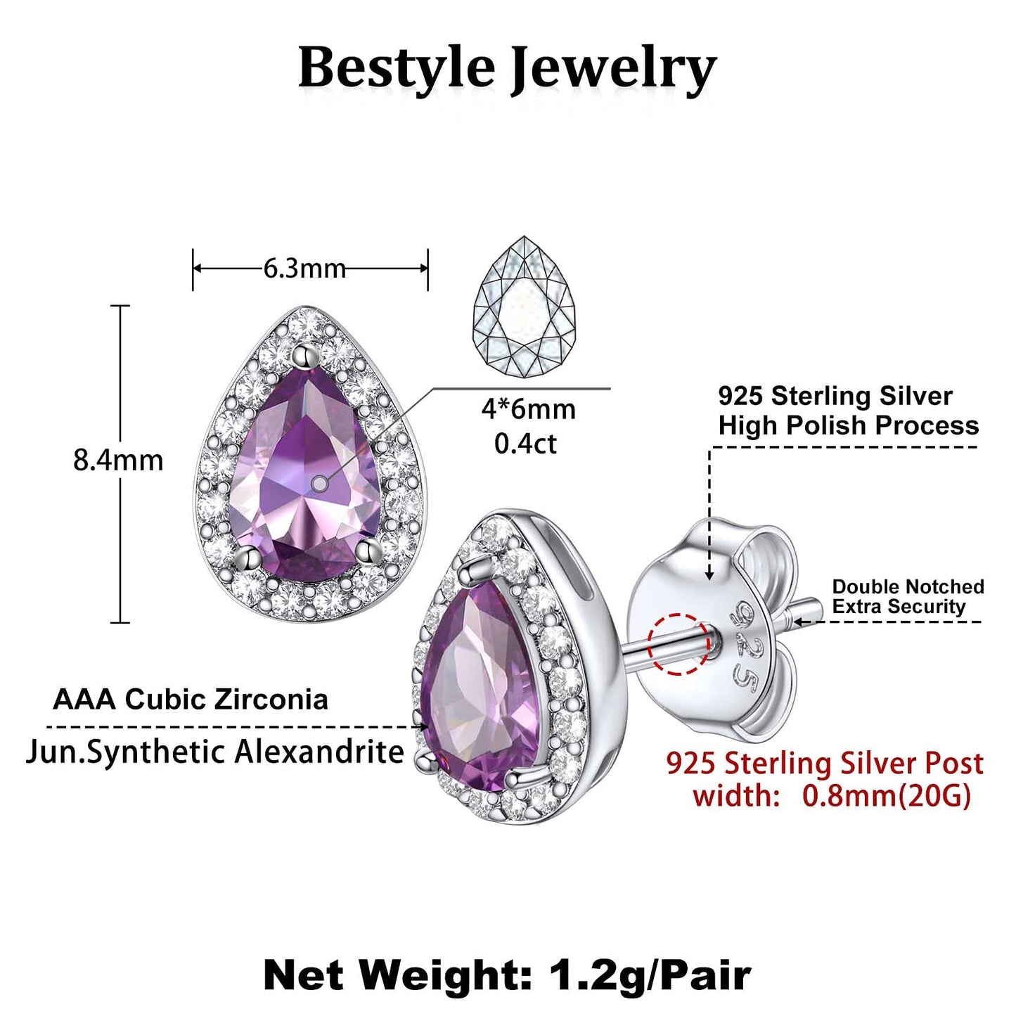 Bestyle Flattering June Alexandrite Teardrop Crystal Earrings CZ Stud Earrings for Women Dainty 925 Sterling Silver Hypoallergenic Earrings for