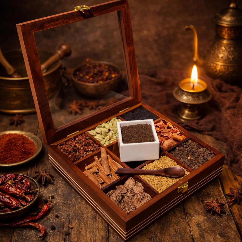 AB Handicrafts Premium Wooden Spice Box with Glass Lid – 9 Compartment Masala Organizer for Kitchen Countertop Storage