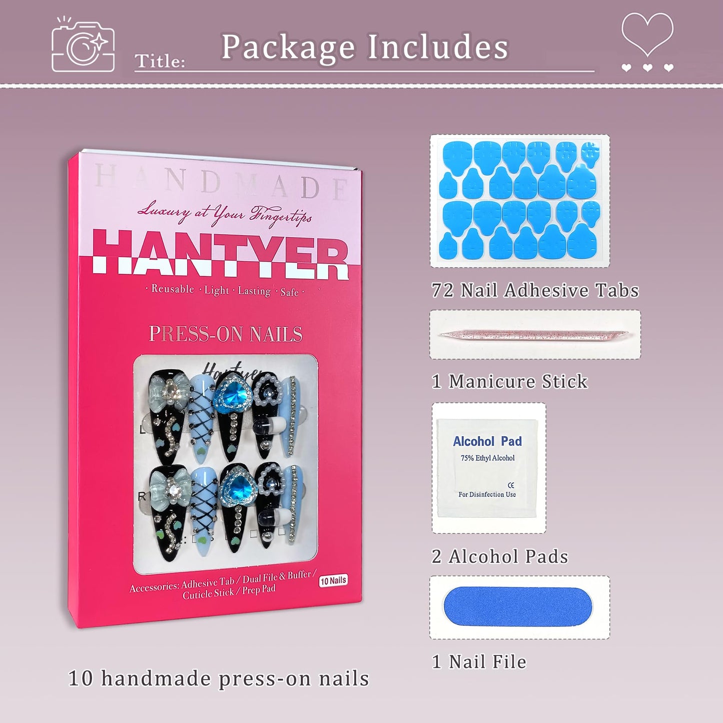 Hantyer Gothic Blue Press on Nails with Tools Kit, 10pcs Long Stiletto Matte Black & Blue Nails, Blue Rhinestones, Bows & 3D Hand-Painted Art, Reusable & Easy Apply for Night Events (Size S)