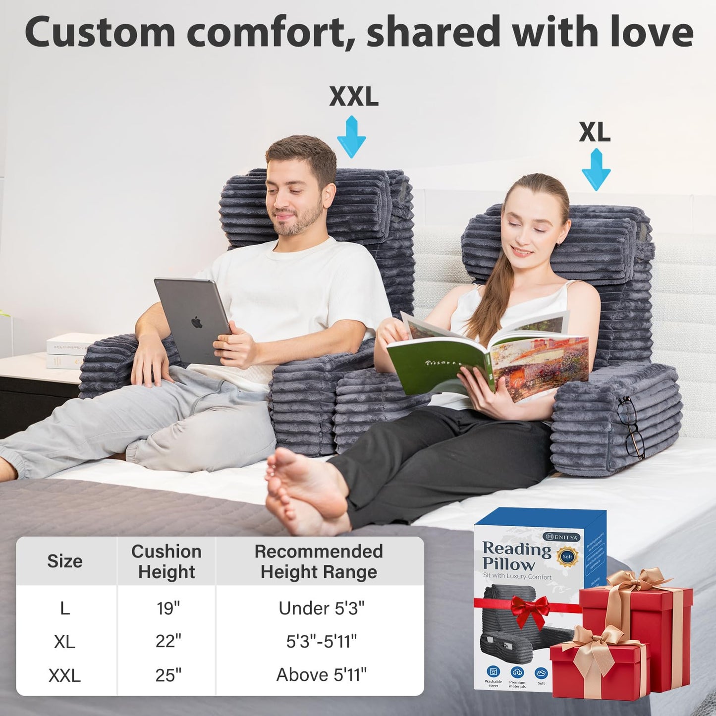 ENITYA 22" XL Back Pillow for Bed Sitting Up, Reading Pillow with Armrests & Big Pockets, Soft Back Support Chair, Ideal for Watching TV, Gaming, Nursing, Resting, Post Surgery, Dark Grey