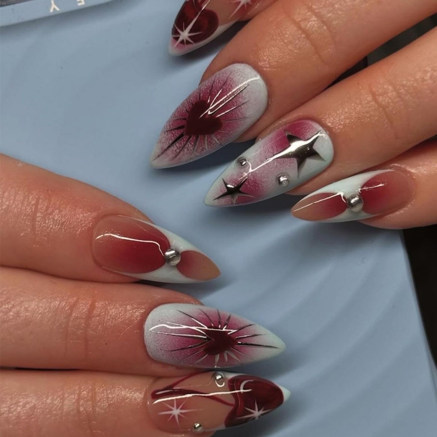 Almond Press on Nails Long Fake Nails Red Acrylic Nail Press ons Seeneey Heart and Silver Stars Designs Stick on Nail for Women 24pcs