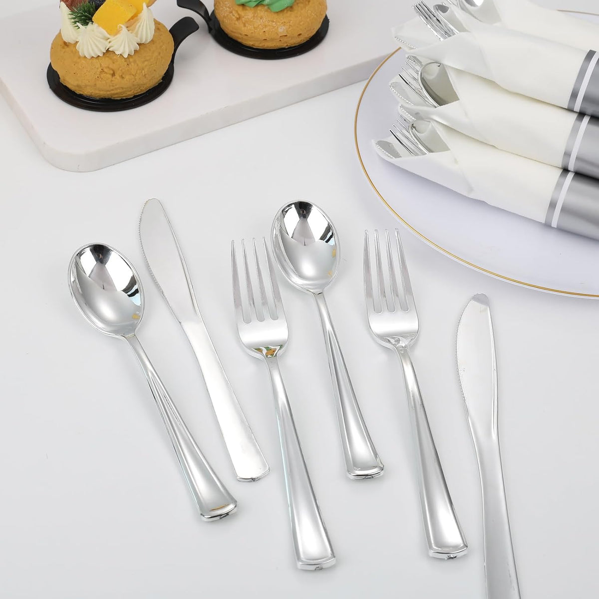 Supernal 120pack Silver Plastic Silverware,Rolled Plastic Silverware,Pre Rolled Napkins with Cutlery Set,Wrapped Disposable Cutlery Set with Napkin Perfect for Christmas Thanksgiving Halloween Party