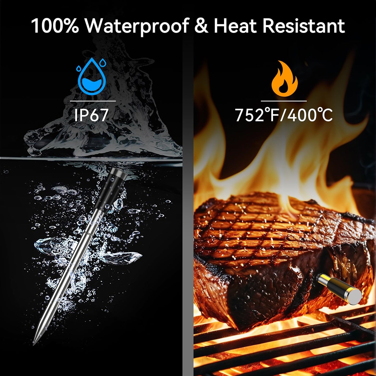 BFOUR Meat Thermometer Digital Wireless with LCD Booster, Bluetooth Food Cooking Thermometer with Smart App, 524FT Remote Range, 100% Waterproof & 752°F Heat Resistant Probe for BBQ Oven Grill Smoker
