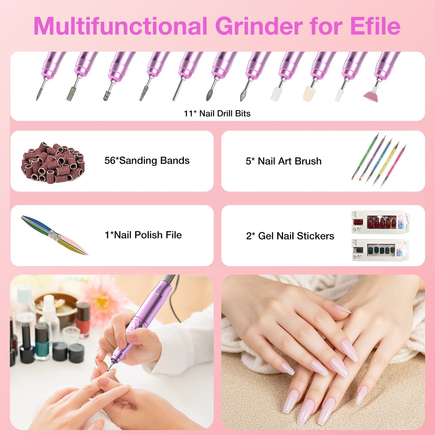 Electric Nail Files, 45000 RPM Professional Nail Drill for Acrylic Nails Gel, Adjustable Speed E File for Nails, Cordless Rechargeable Nail Drill Kit for Manicure Salon Home(Pink,Gift Box)