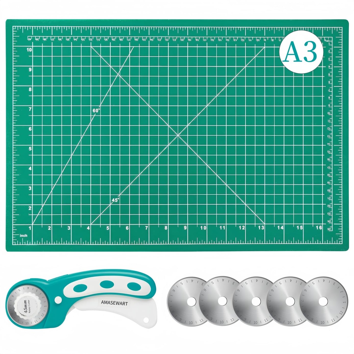 AMASEWART 45mm Rotary Cutter and Mat Set, Fabric Cutter Wheel and 12x18 Inch Self Healing Sewing Cutting Mat, Fabric Rotary Cutter with 5pcs Rotary Blades for Quilting Patchworking Crafts, Turquoise