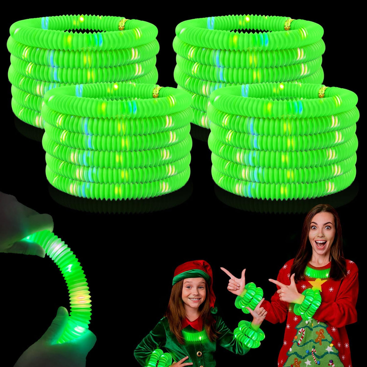 24 PCS Green Glow Sticks Christmas Party Favors for Kids, LED Light up Pop Tubes for Toddlers,Neon Necklaces Bracelets Accessories,Glow New Year Eve Party Supplies Birthday Dance Camping Decoration