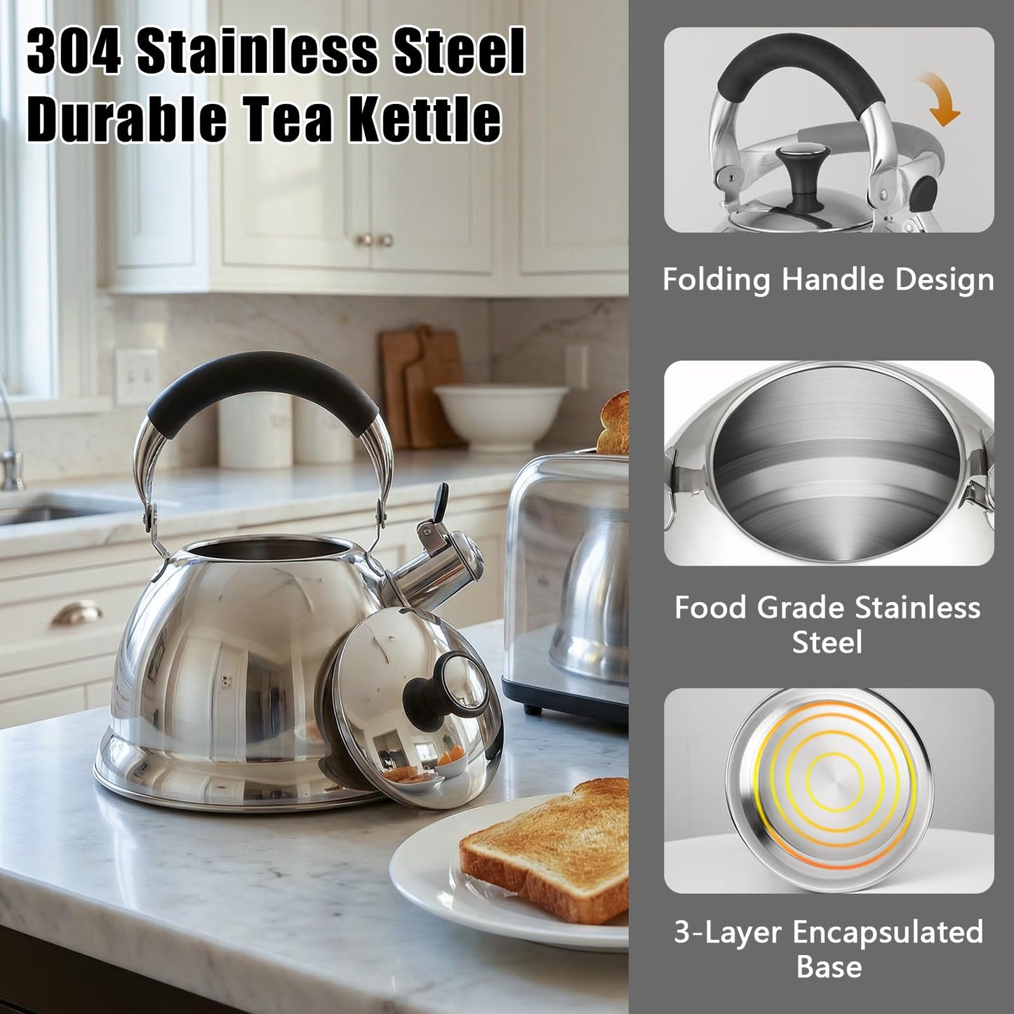Tinlon Enamel Stainless Steel Whistling Tea Kettle Stovetop - 3.1QT Tea Top Mirror Finish, 304 Stainless Interior, Foldable Handle, Fast Heating for Tea, Coffee & Gifts