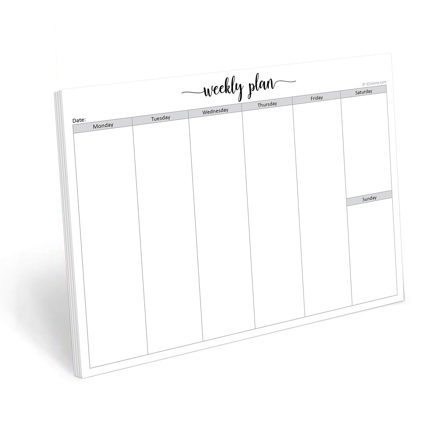 321Done Weekly Planning Notepad - 50 Sheets (8.5" x 11") - Landscape Days of Week Blank Horizontal Desk Planning Pad, Large Letter-Size - Made in USA - Simple Script