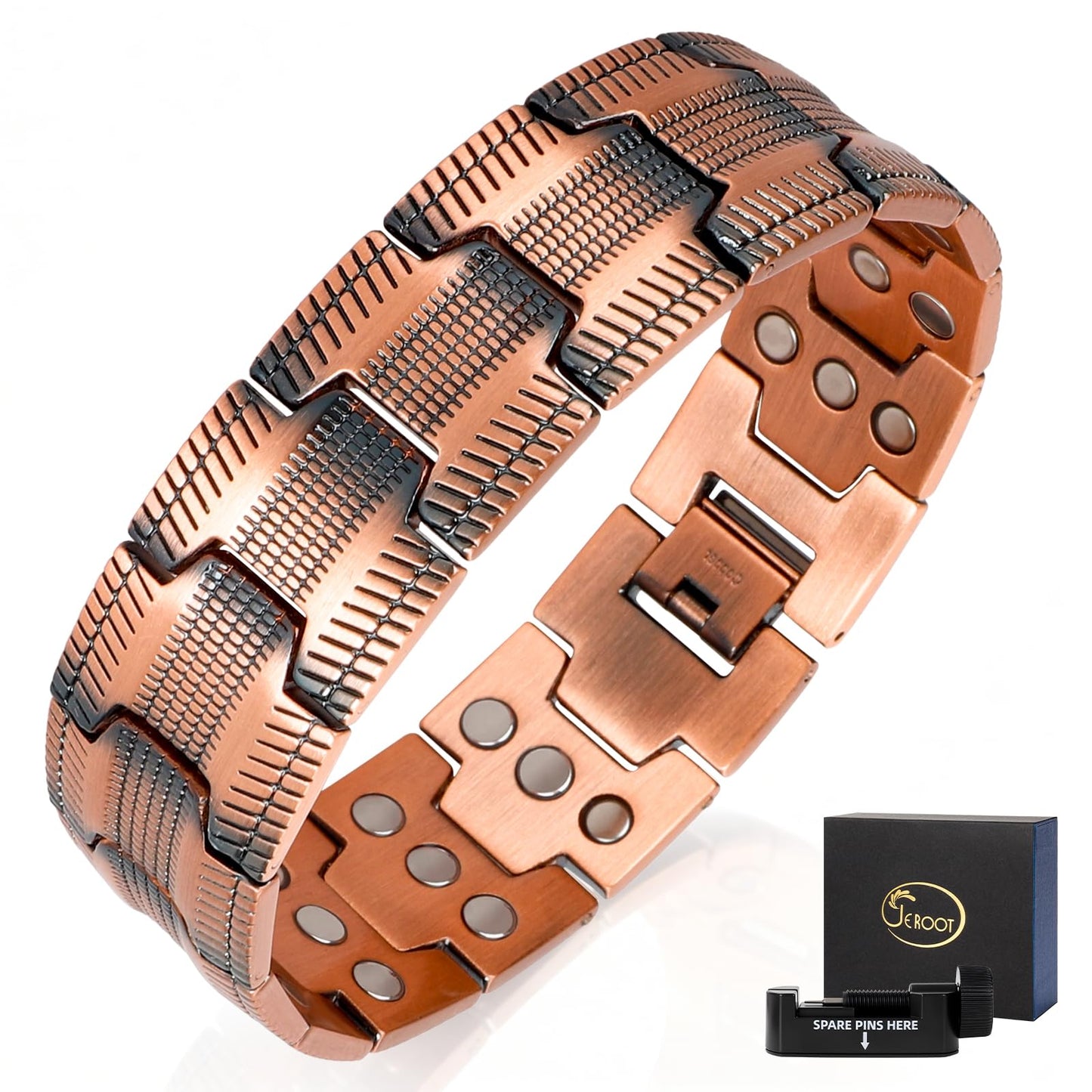 JEROOT Men's 99.99% Pure Copper Magnetic Bracelet, 3500 Gauss Magnets Adjustable with Sizing Tool