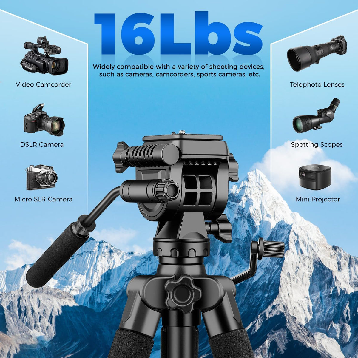 Camera Tripod, 75” Heavy Duty Tripod for Camera with Phone Holder and Travel Bag, Compatible with Video Camera, DSLR, Spotting Scopes, Camcorder, GoPro, Cell Phone, Max Load 16LB (Black)