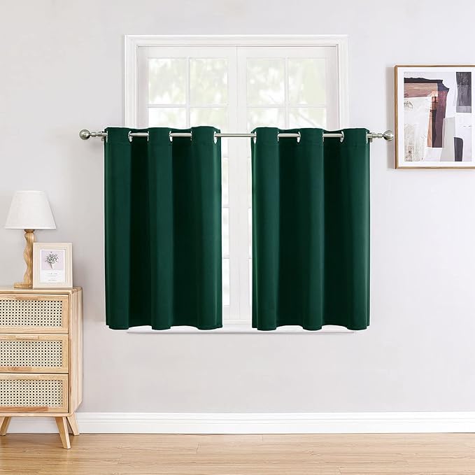 ChrisDowa Small Window Curtains for Kitchen and Bedroom - Grommet Short Thermal Insulated Room Darkening Curtains (2 Panels, Forest Green, 34 x 36 Inch)