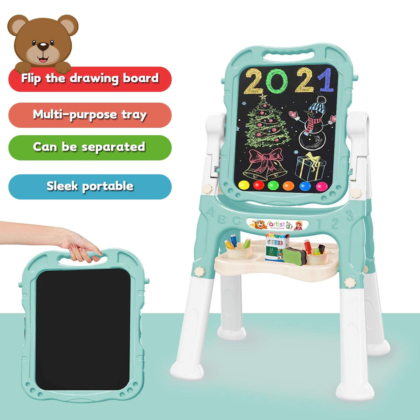 Mojitodon Easel for Kids,Rotatable Double Sided Easel for Kids Adjustable Standing Art Easel with Painting Accessories for Toddlers Boys and Girls-Green