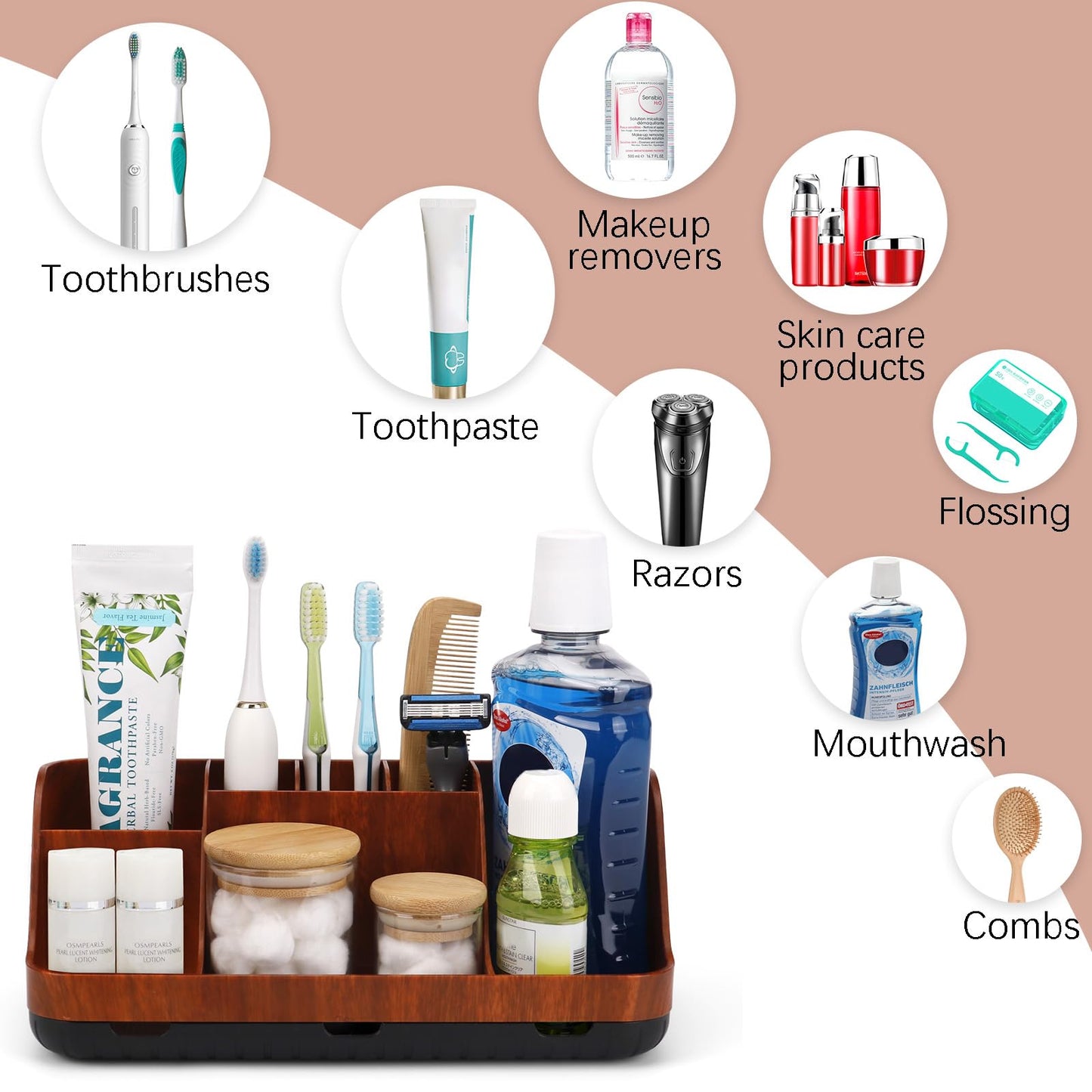 GFWARE Bathroom Decor and Accessories - Detachable 7 Slots Kids Electric Toothbrush and Toothpaste Holde for Bathroom Tray Countertop Vanity Storage, Bathroom Sink Storage Organizer, Red Wood