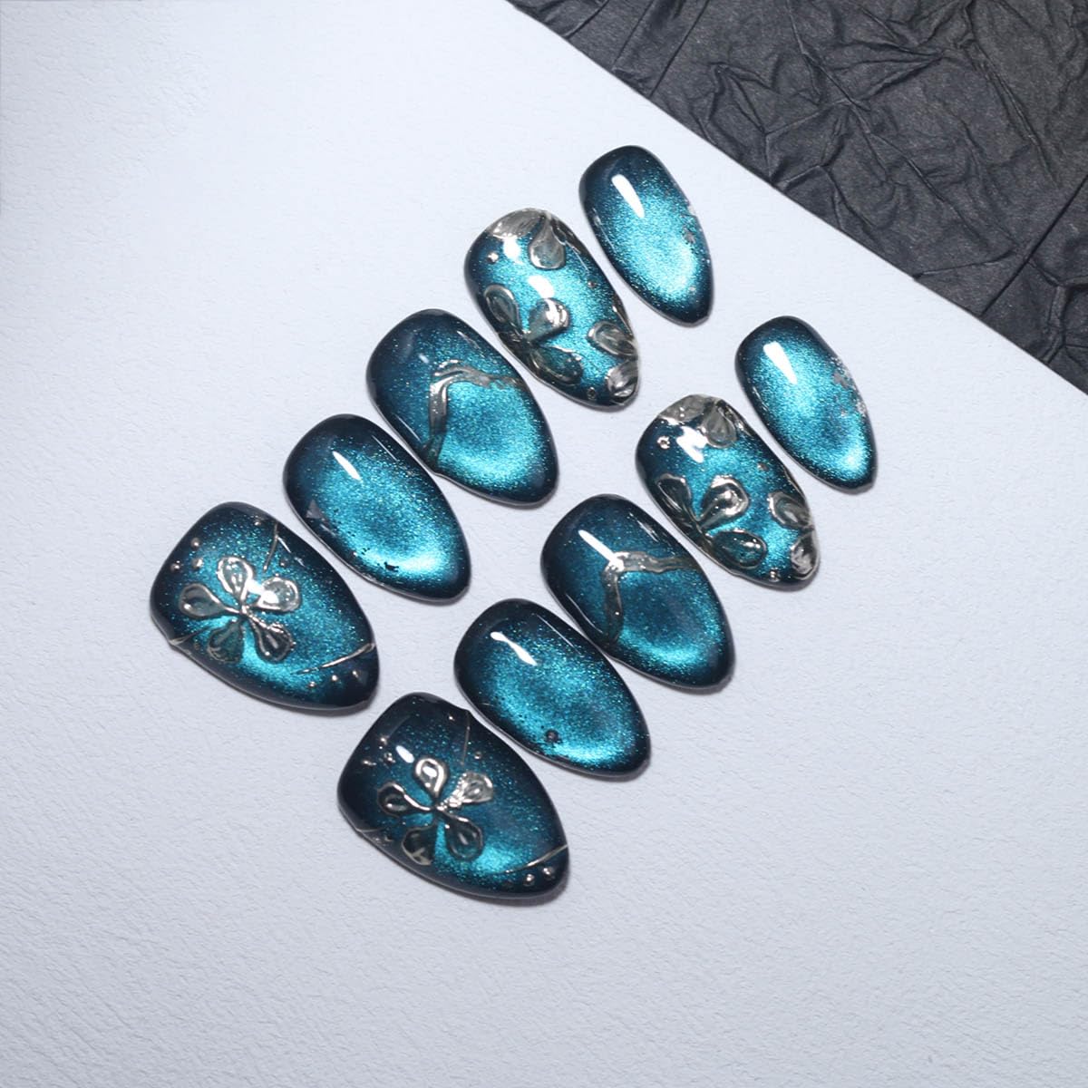 10 Pcs Short Almond Handmade Press On Nails | Teal Cat Eye with Silver Floral & Foil Accents | Reusable, Easy to Apply & Remove, Salon-Quality Manicure (RR17, S)