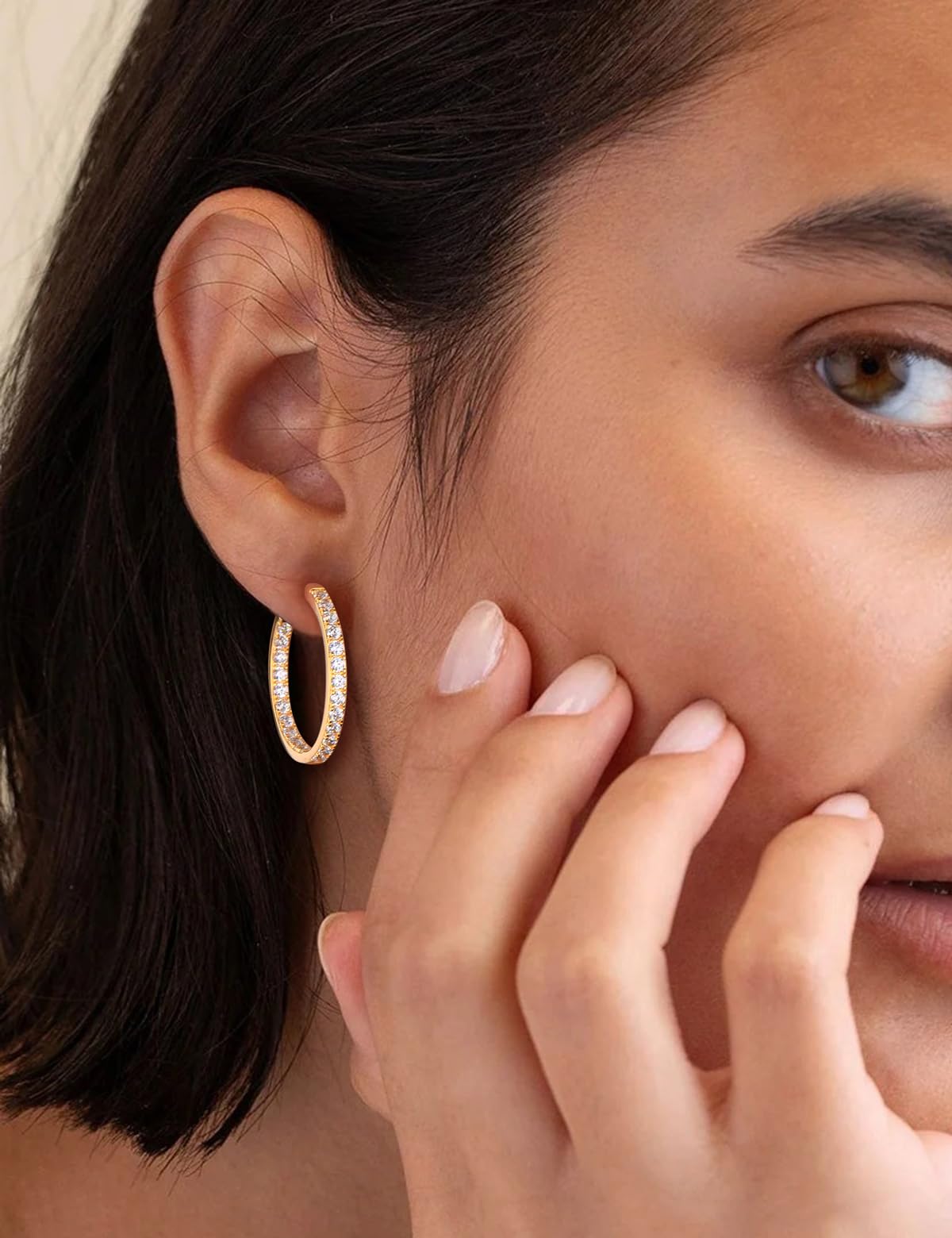 RANDES 14K Gold Plated Cubic Zirconia Hoop Earrings Trendy Sterling Silver Post Cretaed Diamond Earrings 26mm Medium Hoop Earring Wedding Jewelry