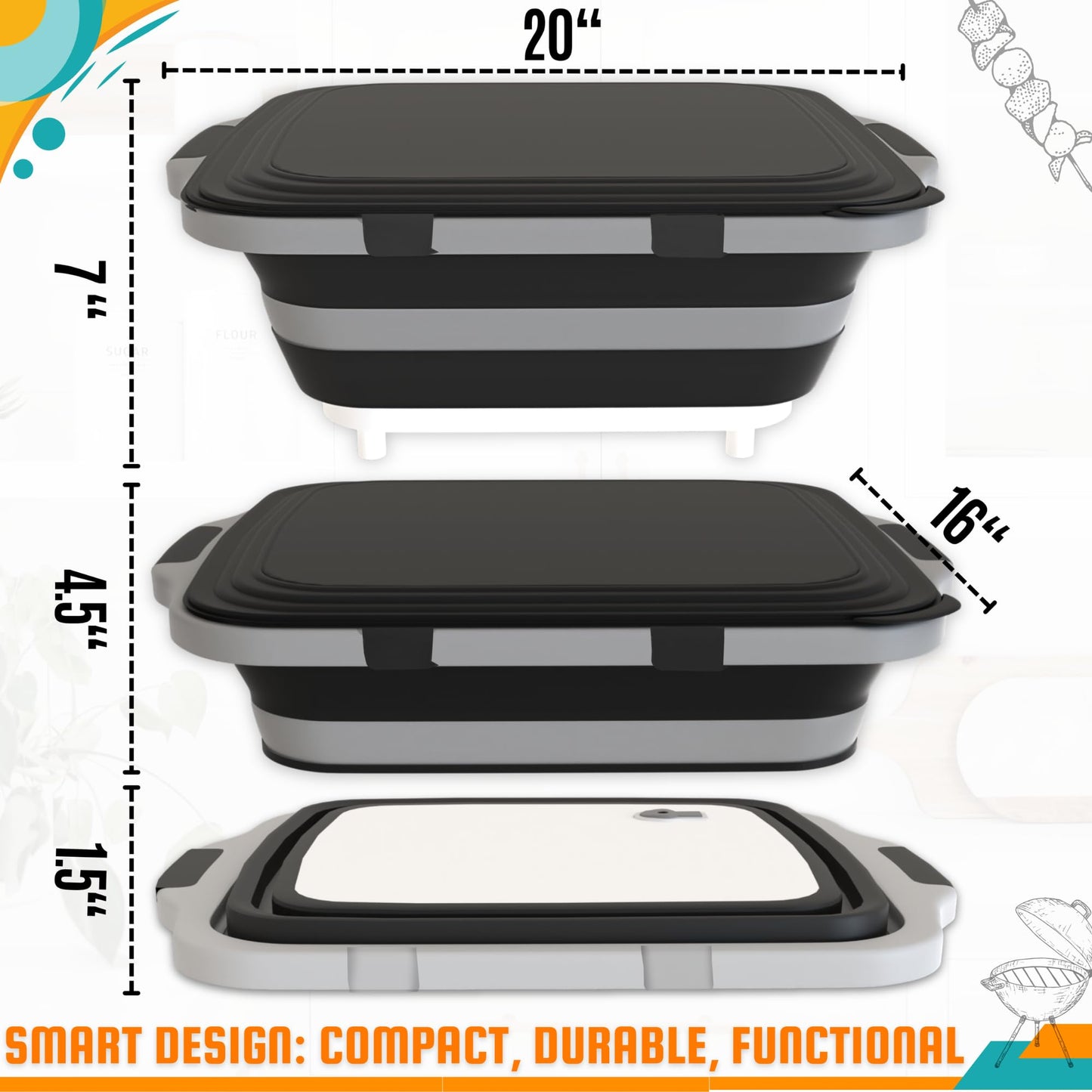 MAYALEAD BBQ Prep Tub with 2 Pcs Meat Shredder Claws, Collapsible Cutting Board, Cutting Board with Locking Lids, Drip Easy BBQ Prep Tub with lid-XL Size (Black)