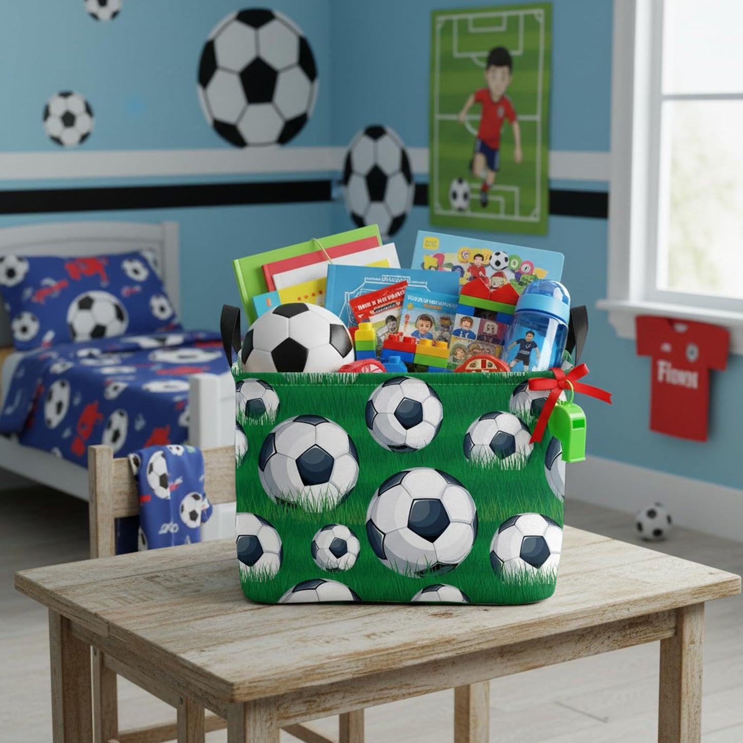 HEFEICZ Kid Rectangular Soccer Basket Baby Toy Storage Bin Organizer Home Room Decor (Green Grass Soccer)