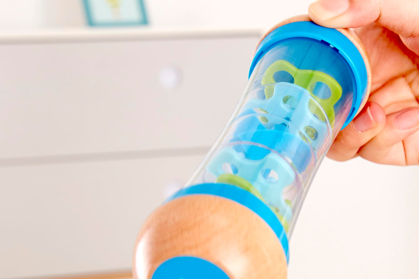 Hape Beaded Raindrops | Mini Wooden Musical Shake & Rattle Rainmaker Toy, Blue, Model Number: E0328B