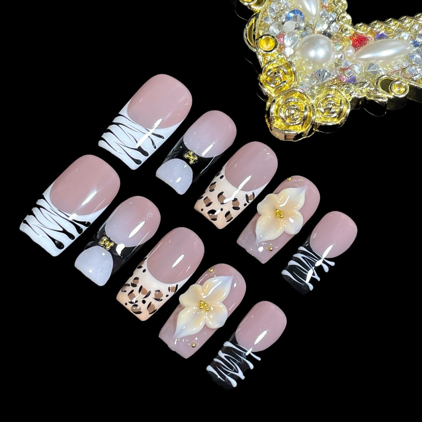 Handmade Press On Nails 3D Floral & Animal Print Medium/Short Square Leopard/Zebra/Yellow Floral Thick Reusable Acrylic False Nails (Prairie, S)