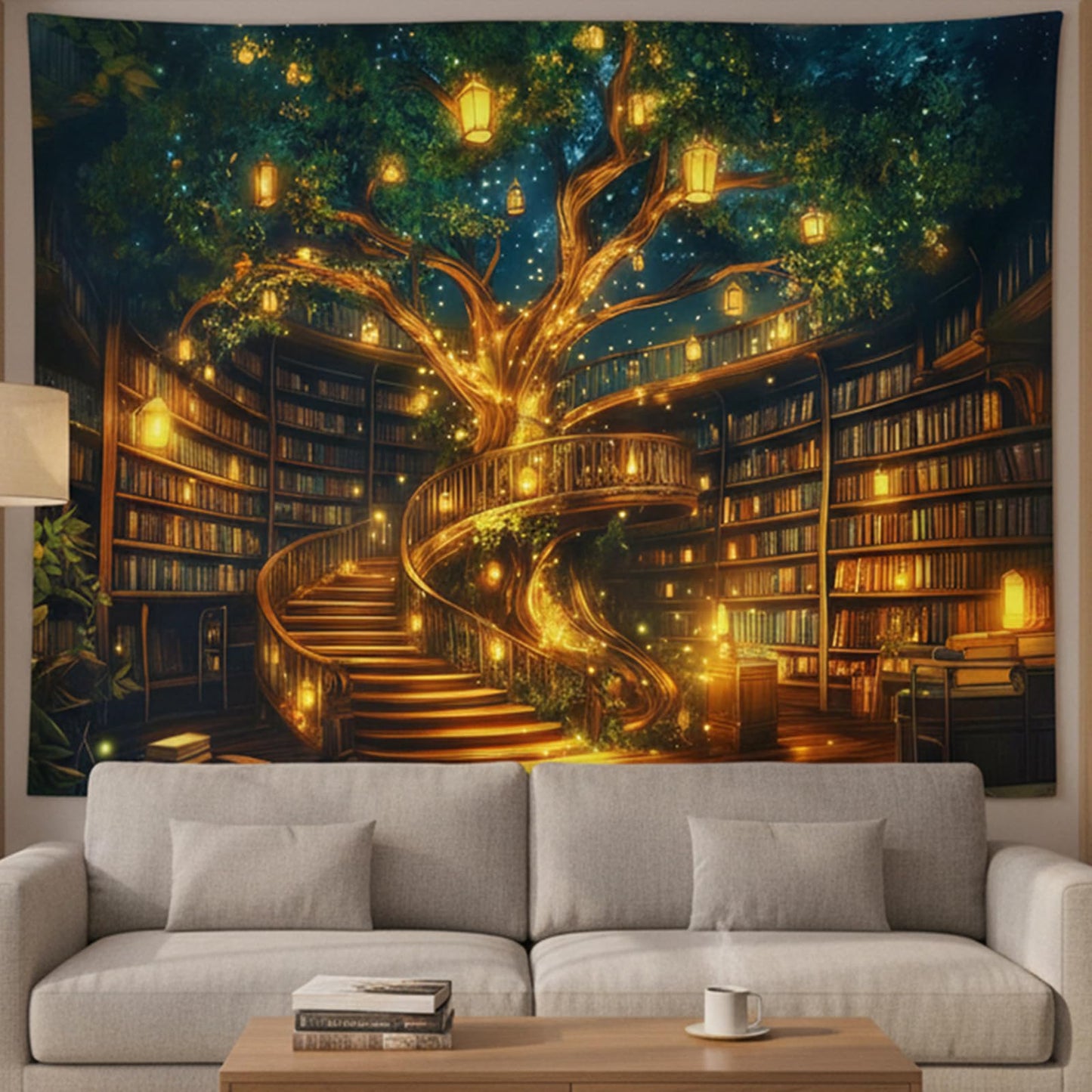 Miytal Enchanted Tree Library Tapestry – Magical Bookshelf Reading Room Wall Hanging, Cozy Literary Art Decor for Bedroom, Living Room, or Study - 51.2'' x 59.1''