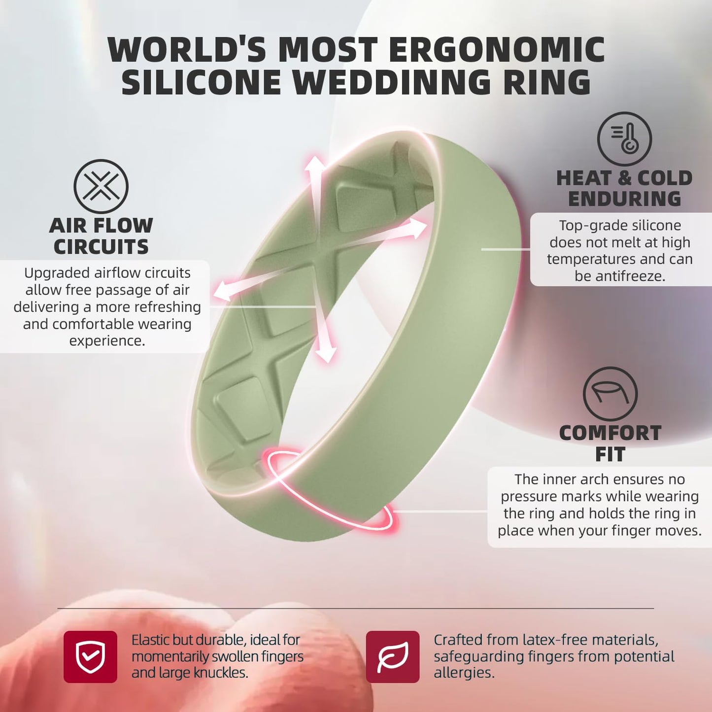 Egnaro Women's Engagement Rings, Silicone Inner Arc Ergonomic Breathable Design with half sizes, Rubber Wedding Band Rings，5.5mm Wide-2mm Thick