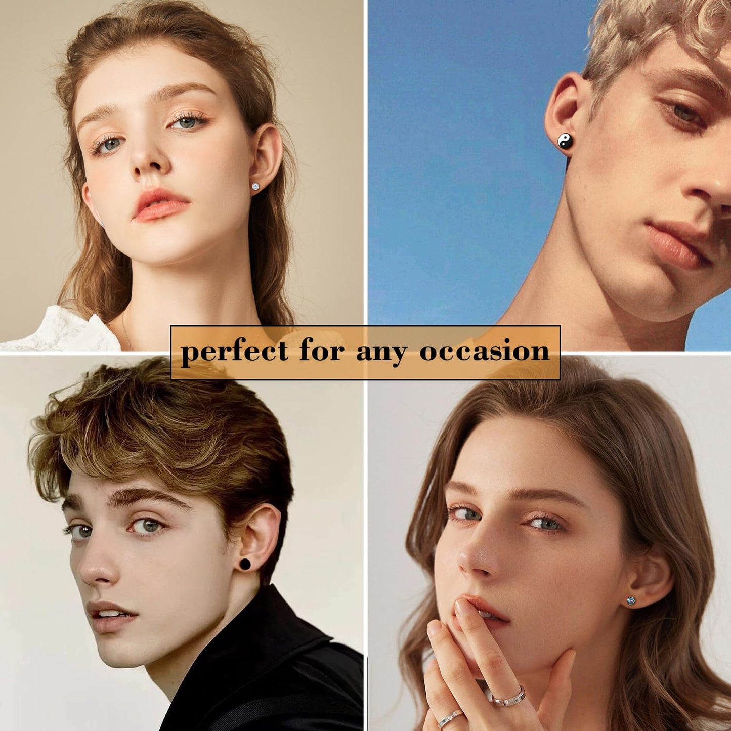SIISPRI 4 Pairs Black Earrings for Men, Titanium Screw Back Surgical Stainless Steel Stud Earrings Rainbow 5A Cubic Zirconia Hypoallergenic Aritos Para Hombre Studs Jewelry Set for Men Women (Flat Back Stud Earrings-A)