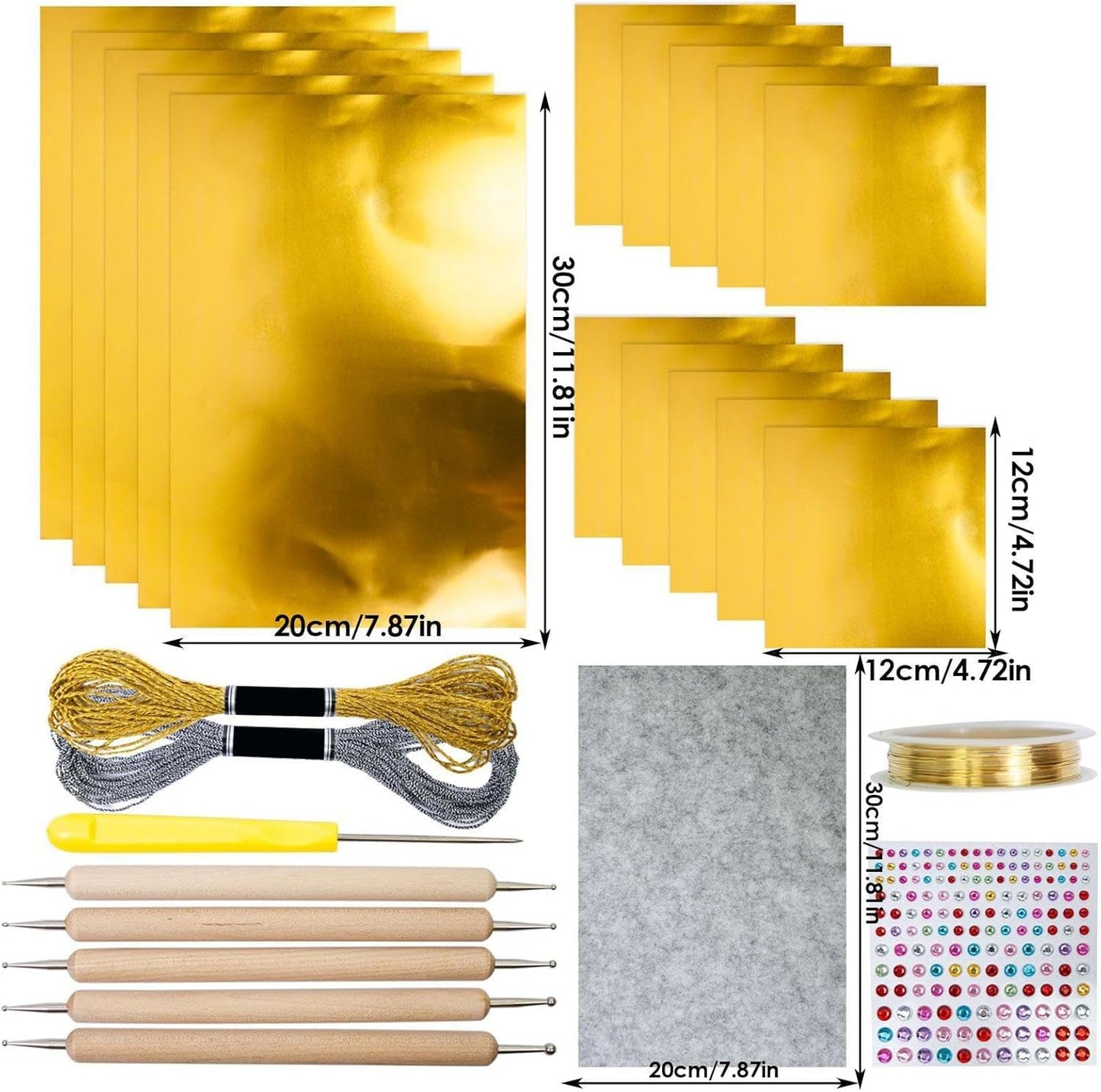15pcs Gold Craft Foil Sheets, Gold Foil Sheets for Embossing, Decorative Metal Sheet Embossing Tools for Painting Gilding Crafting Decoration,with 2 Rolls Wire, Engraving Tools, Artwork Making Kit