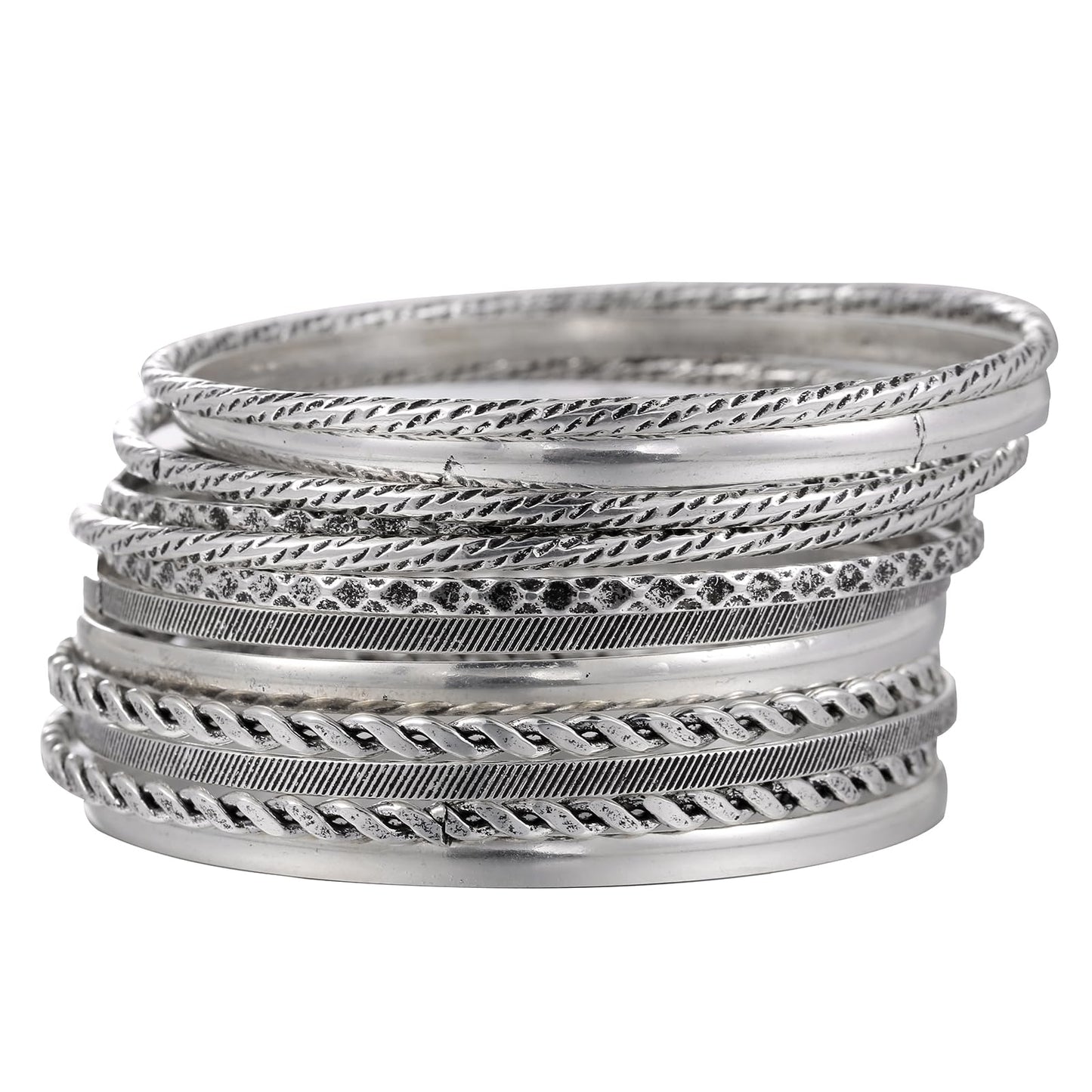 RINTOLER 12Pcs Retro Silver Bangle Bracelets Set for Women - Multi Layer Stackable Textured Bracelets Indian Bangles Boho Jewelry Set (D-12PC-Retro Silver)