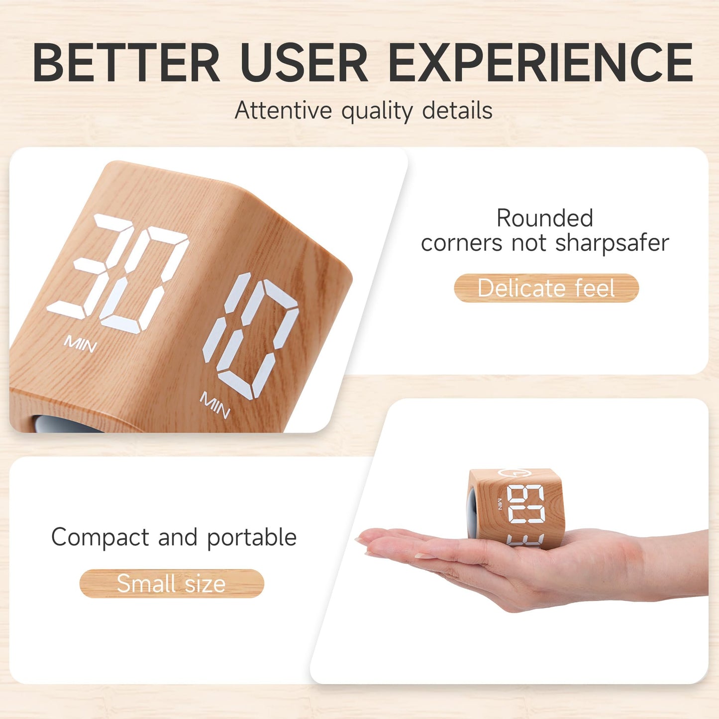 Exlliy Productivity Timer 1, 5, 10, 30, 60 Minutes Preset, Desk Cube Timer with Gravity Sensor/Mute/Vibration for ADHD, Work, Study, Kitchen, Back to School (Wood Grain)