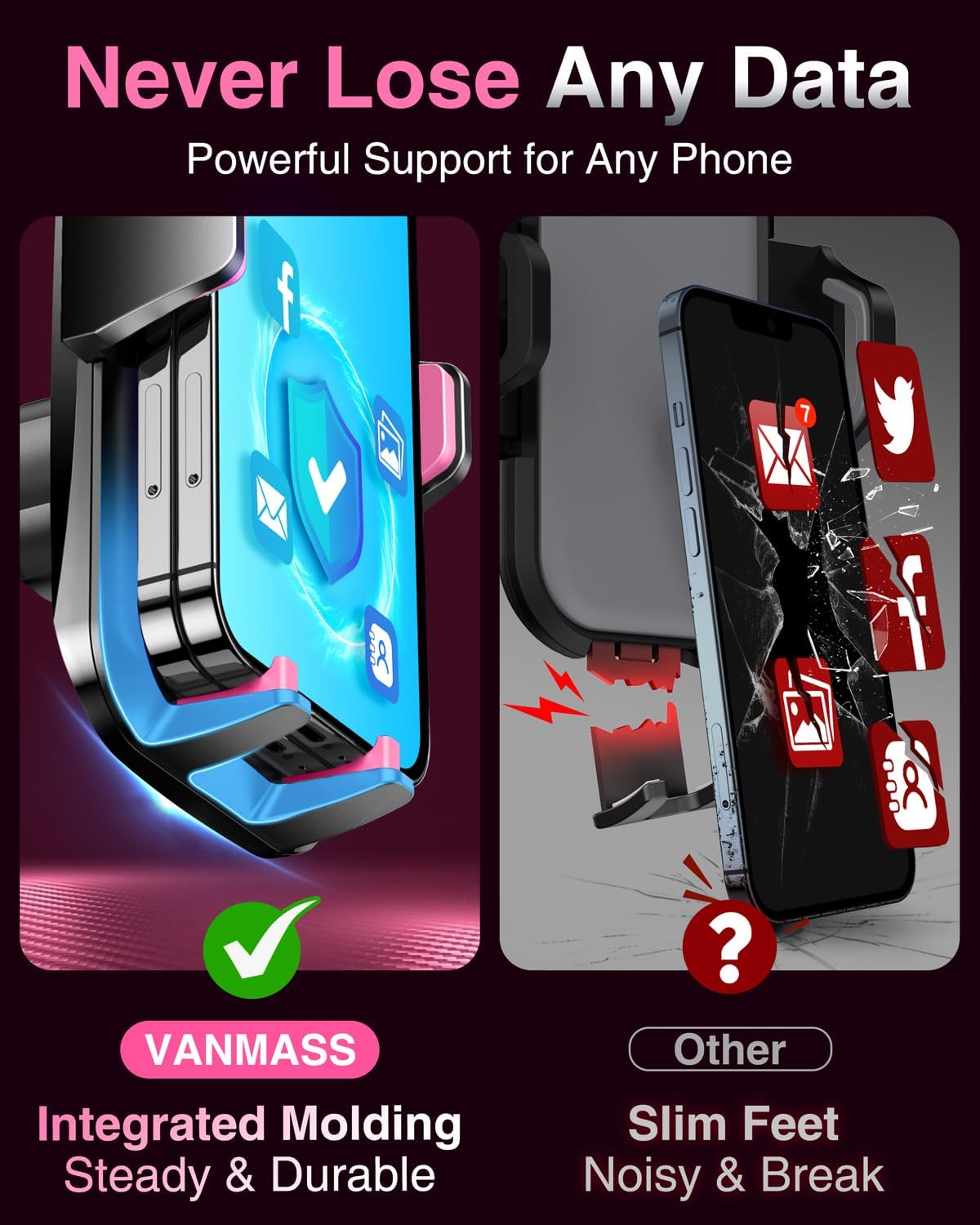 VANMASS [2024 Upgrade Phone Holders for Your Car [Super Suction Cup] Cell Phone Mount Car Dashboard Window Vent Desk Fit for iPhone 15 Pro Max 14 13 Universal Handsfree Automobile Vehicle Cradle，Pink
