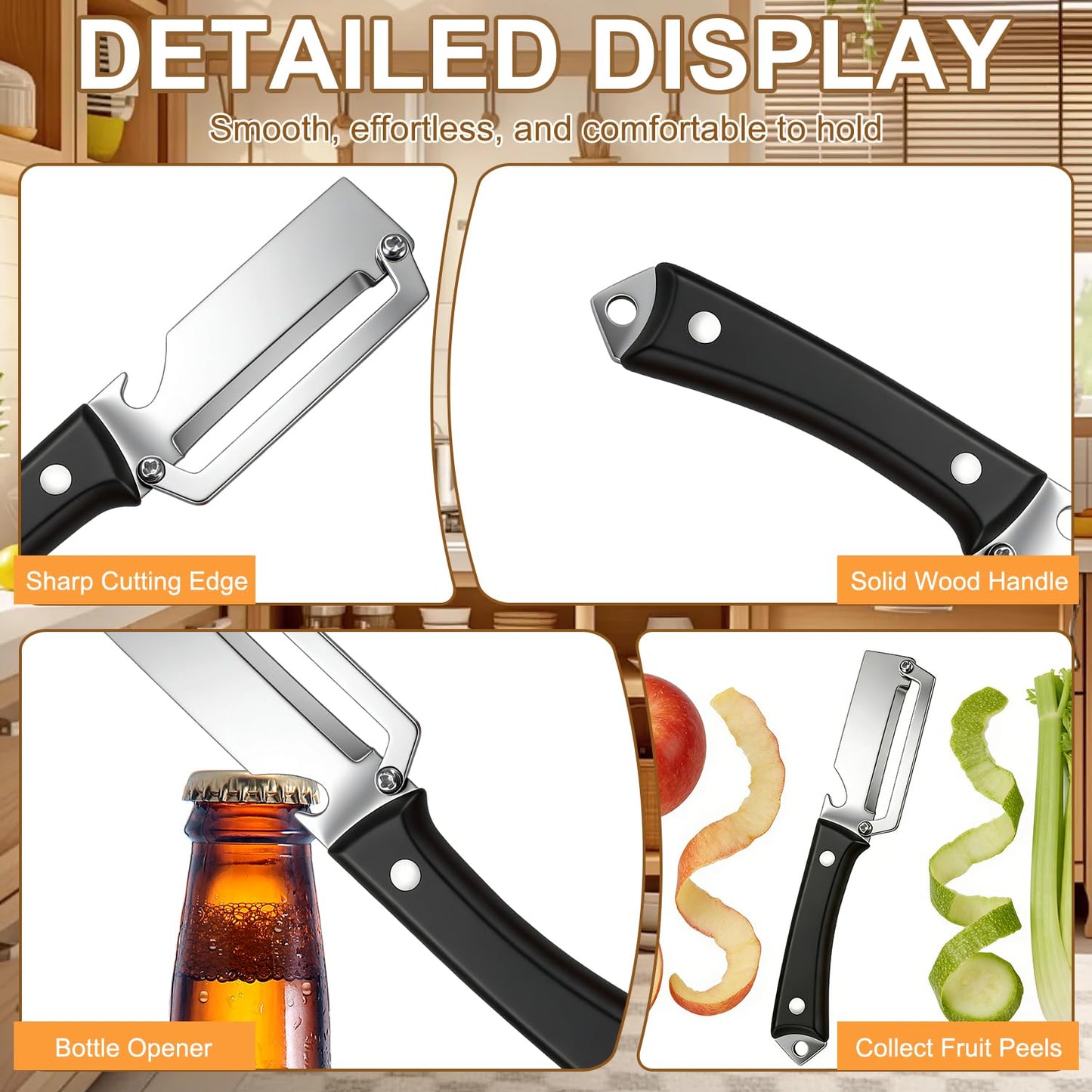 2PCS Multifunctional Vegetable Peeler for Kitchen, Premium Vegetable Peeler with Wooden Handle and Bottle Opener, Stainless Steel Blade Kitchen Tool for Fruit Apple Potato Pumpkin Papaya