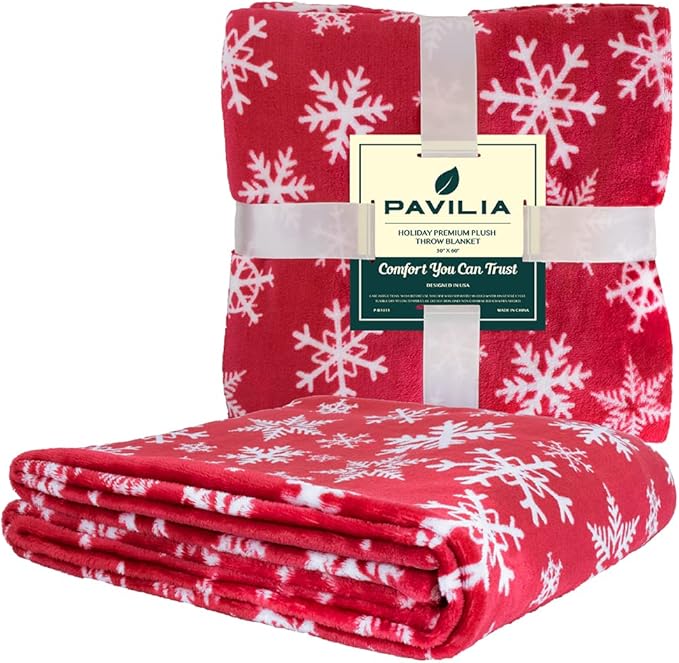 PAVILIA Christmas Throw Blanket | Red Snowflake Christmas Fleece Blanket | Soft, Plush, Warm Winter Cabin Throw, 50x60 (Red/White Snowflake)